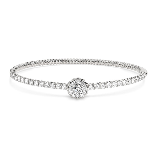 18K White Gold Bangle with a Blooming Flower Design Centrepiece. Bangle includes round brilliant diamonds