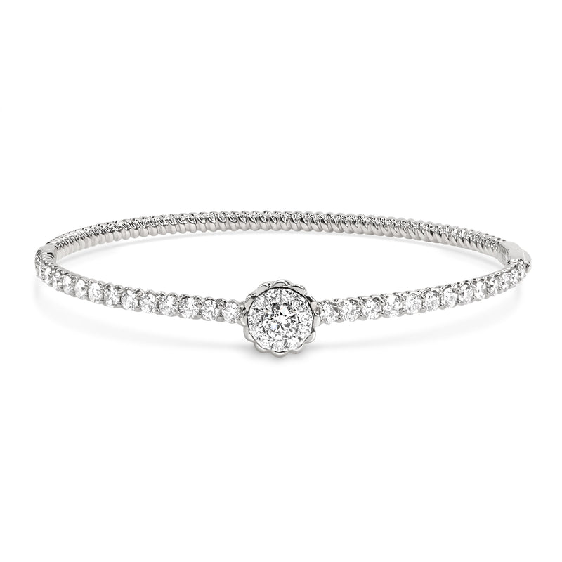 18K White Gold Bangle with a Blooming Flower Design Centrepiece. Bangle includes round brilliant diamonds