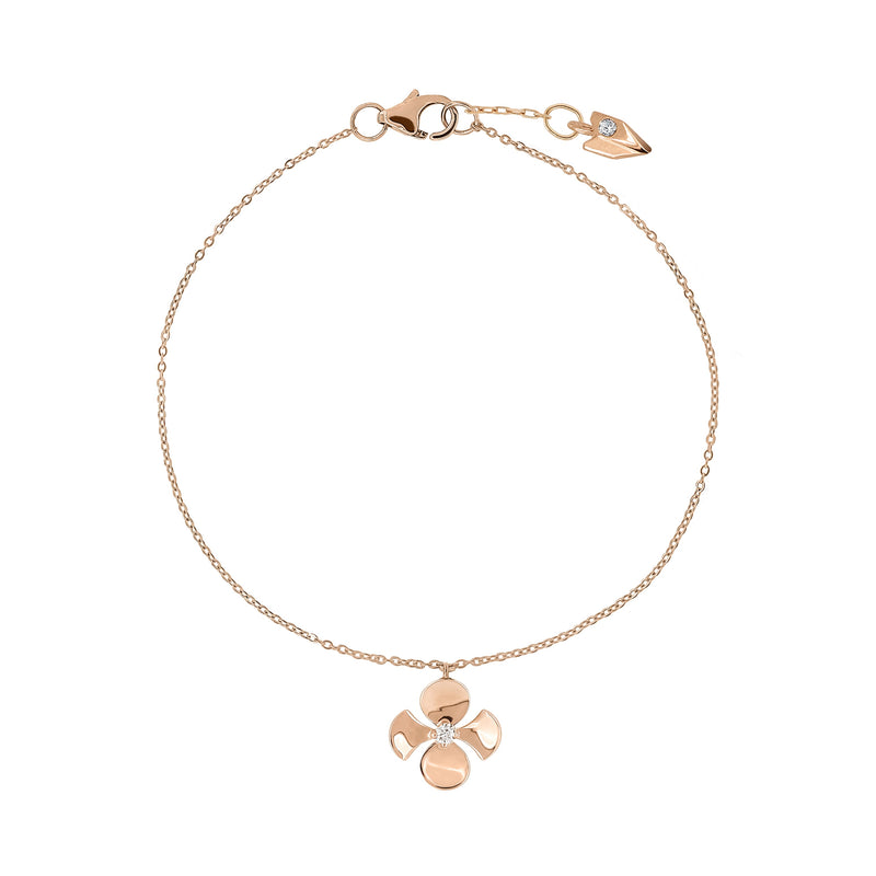 18K Rose Gold Thin Chain Bracelet with a Begonia Flower Charm with a Round Brilliant Diamond