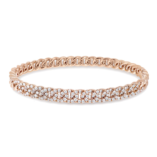 18K Rose Gold Twist Chain Bangle with Round Brilliant Diamonds. 