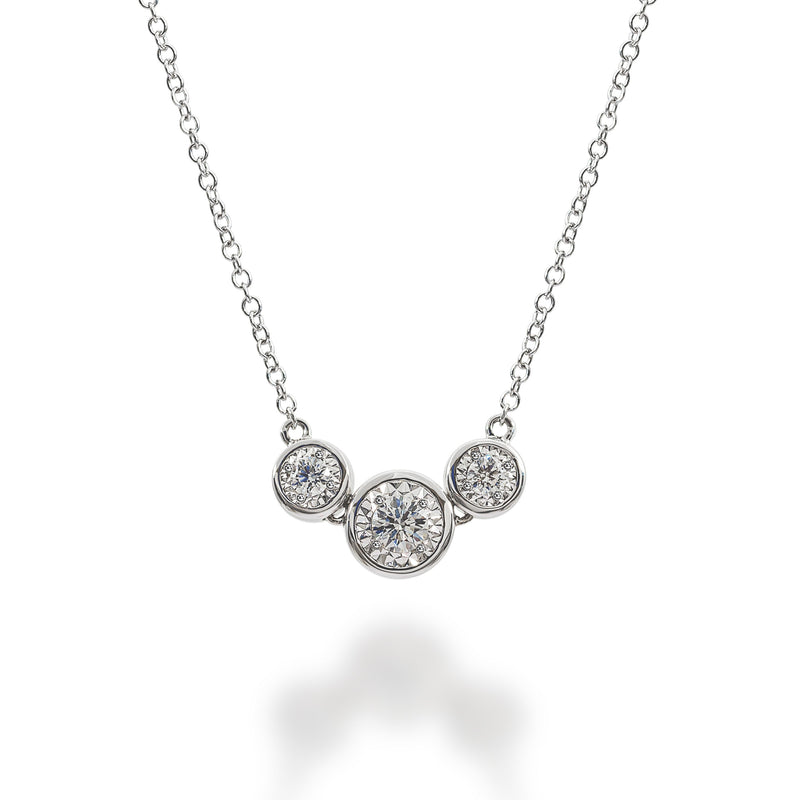 18K White Gold Thin Chain Necklace with Three Round Brilliant Diamond pendant. 