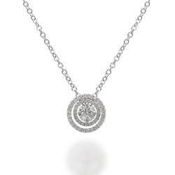 18K white gold necklace with a diamond centre-stone and two diamond halo rings bordering the centre-stone. 