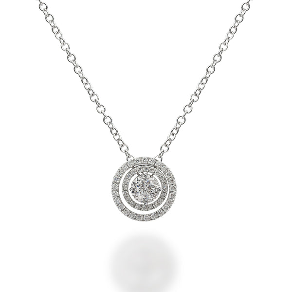 18K white gold necklace with a diamond centre-stone and two diamond halo rings bordering the centre-stone. 