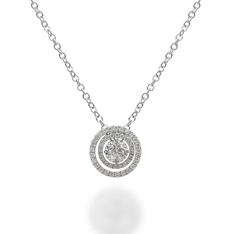 18K white gold necklace with a diamond centre-stone and two diamond halo rings bordering the centre-stone. 