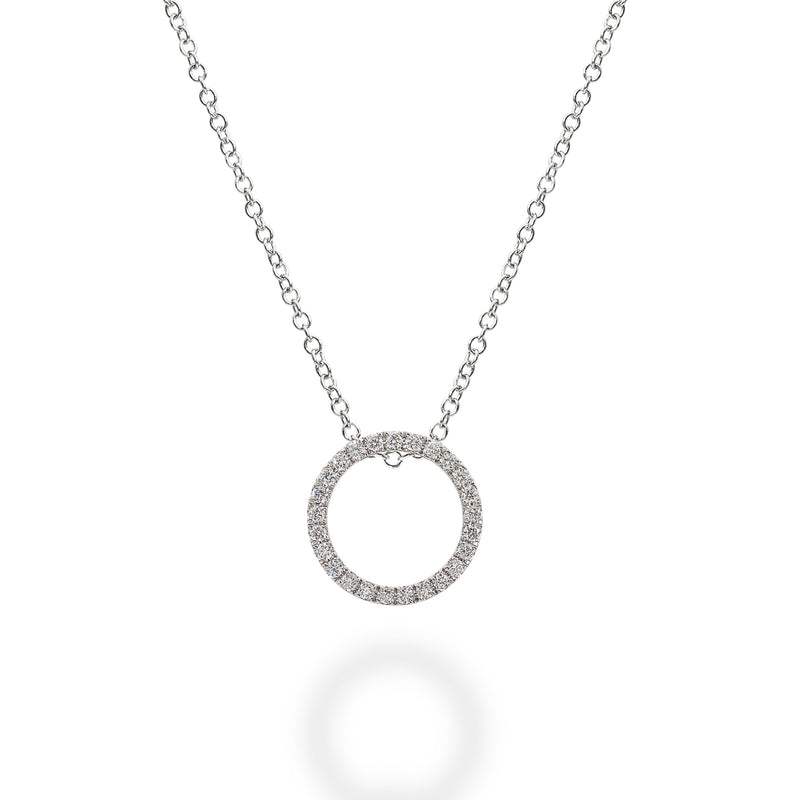 18K white gold necklace with a diamond halo ring pendant. 