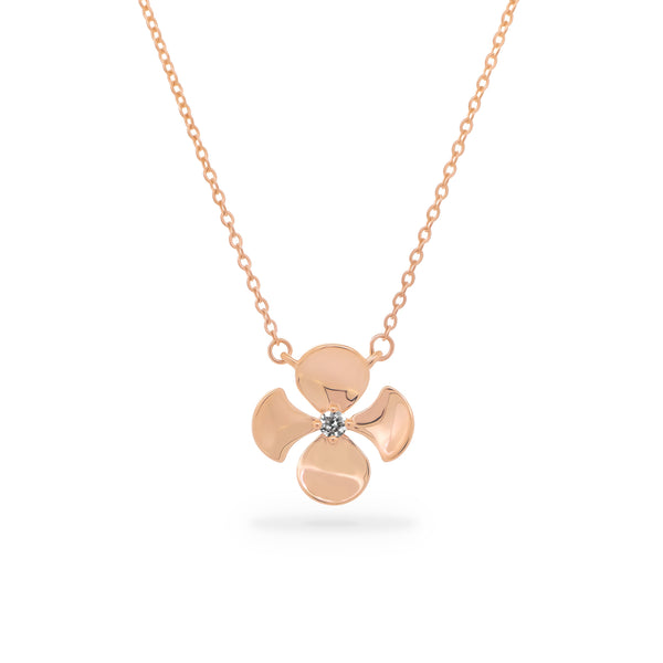 18K Rose Gold Thin Chain Necklace with a Begonia Flower Charm with a Round Brilliant Diamond