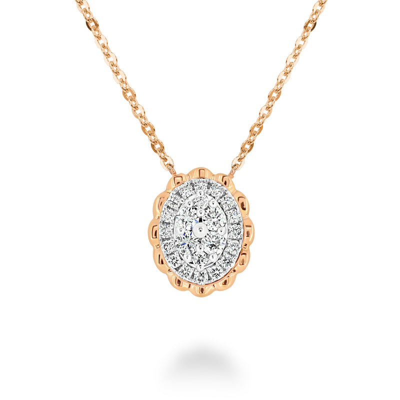 18K Gold Chain Necklace with a Oval Shaped Pendant with Round Brilliant Diamonds. 