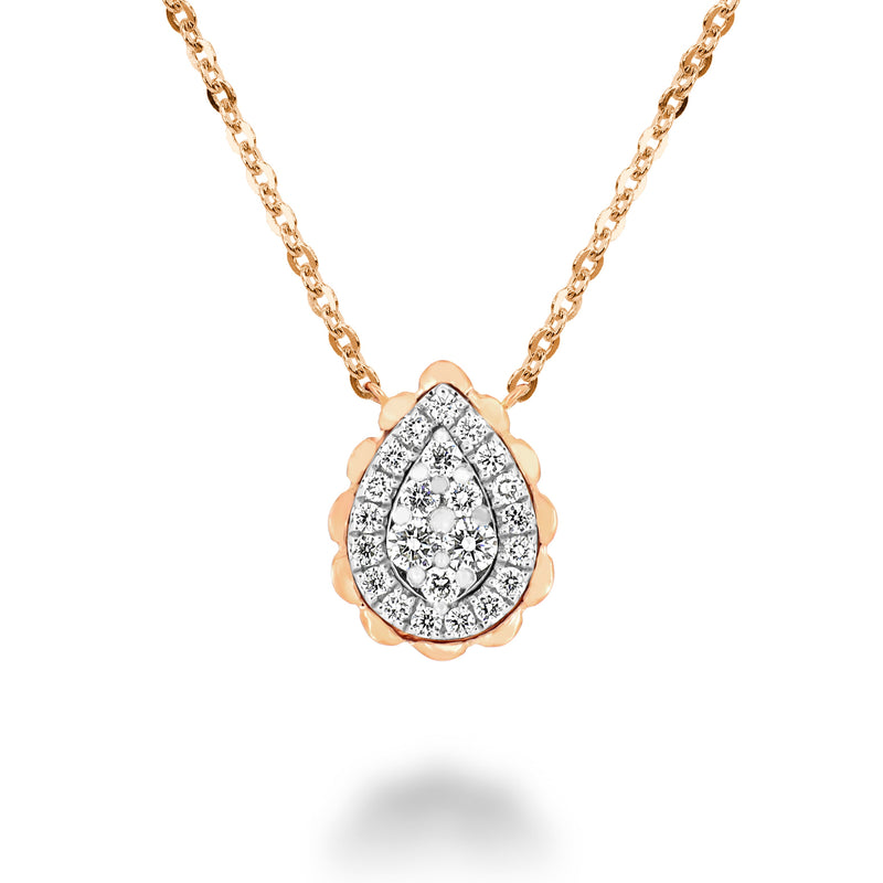 18K Gold Chain Necklace with a Tear Drop Shaped Pendant with Round Brilliant Diamonds. 