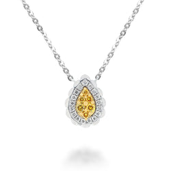 18K Gold Chain Necklace with a Tear Drop Shaped Pendant with Round Brilliant Diamonds. 