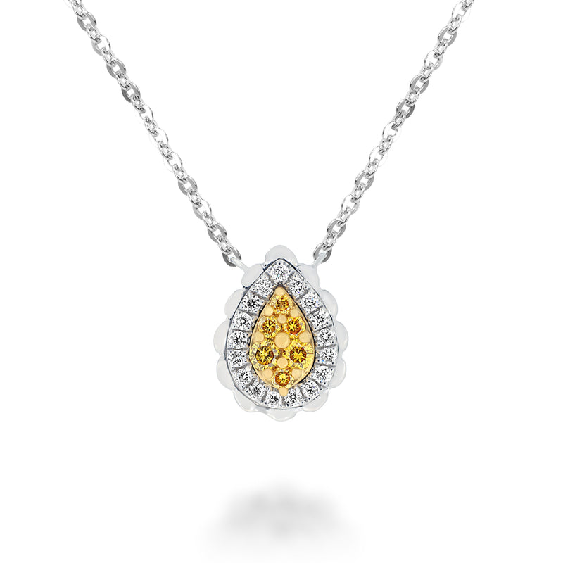 18K Gold Chain Necklace with a Tear Drop Shaped Pendant with Round Brilliant Diamonds. 