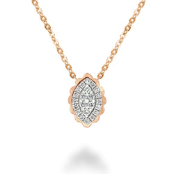 18K Gold Chain Necklace with a Shell Shaped Pendant with Round Brilliant Diamonds. 