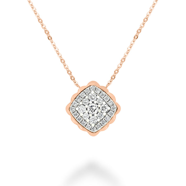 18K Gold Chain Necklace with a Square Shaped Pendant with Round Brilliant Diamonds. 