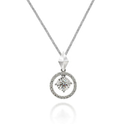 18K White Gold Necklace with Round Brilliant Centre-Stone Diamond and a diamond halo. 