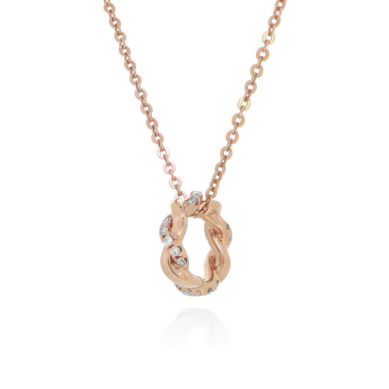 18K Rose Gold Necklace Pendant with a Twist Pattern Ring Pendant and round brilliant diamonds. 