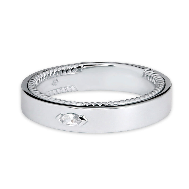 platinum white classic men's wedding band with marquise diamond stone