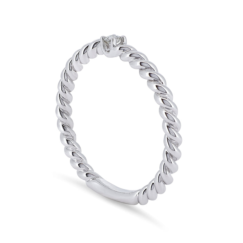 Rope style ring with a diamond centre-stone. Handcrafted in 18K white gold with a round brilliant diamond.