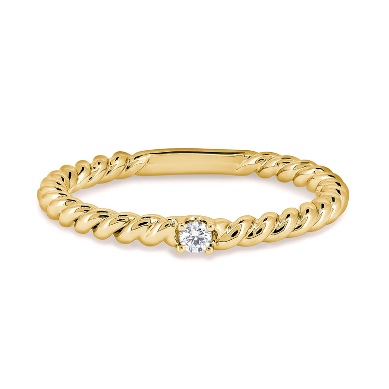 Rope style ring with a diamond centre-stone. Handcrafted in 18K yellow gold with a round brilliant diamond.