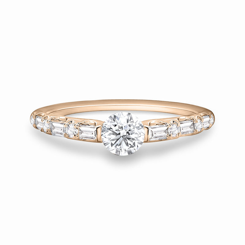 18K Rose Gold Ring with Round Brilliant and Baguette Diamonds. 