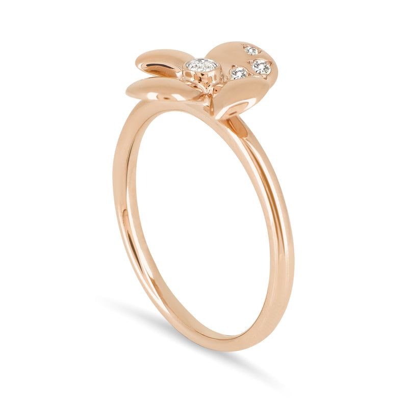 Begonia Flower Shaped Ring with a Diamond centre-stone. Handcrafted in 18K Rose Gold and Round Brilliant Diamonds. 