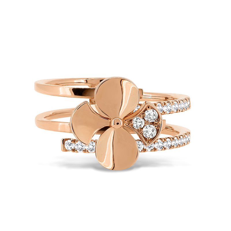 Begonia Flower Shaped Ring with four tier band. Handcrafted in 18K Rose Gold with Round Brilliant Diamonds. 